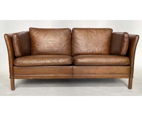 DANISH SOFA, 1970s grained mid brown leather two seater with teak supports, 146cm W. 