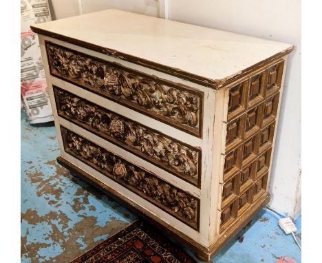 COMMODE, 92cm H x 114cm W x 53cm D, Continental cream painted, giltwood and mirrored with three cherub decorated drawers. 