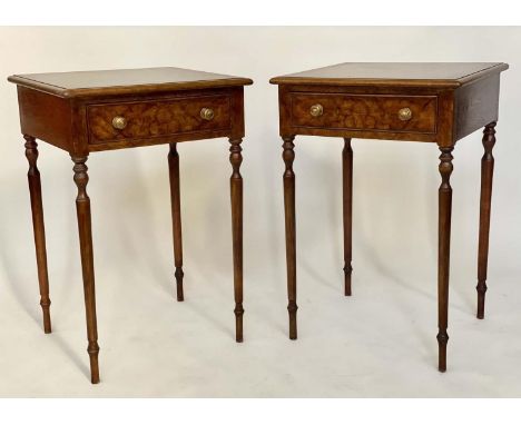 LAMP TABLES, a pair, George III design burr walnut and crossbanded each with frieze drawer and turned supports, 52cm x 45cm D