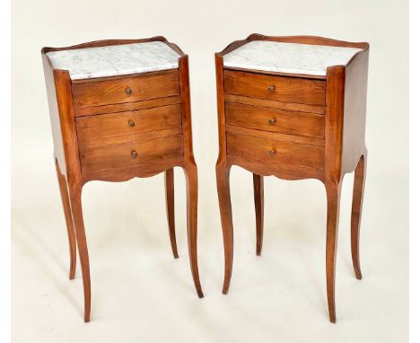 BEDSIDE/LAMP TABLES, a pair, French Louis XV style walnut each with three drawers, 34cm x 26cm x 69cm H. (2) 