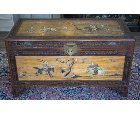 TRUNK, 56cm H x 102cm W x 50cm D, early 20th century Chinese camphorwood and soapstone. 