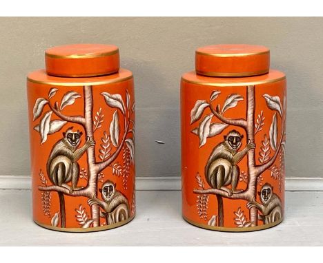 GINGER JARS, a pair, 25cm high, 14cm diameter, glazed ceramic with monkey print design. (2) 