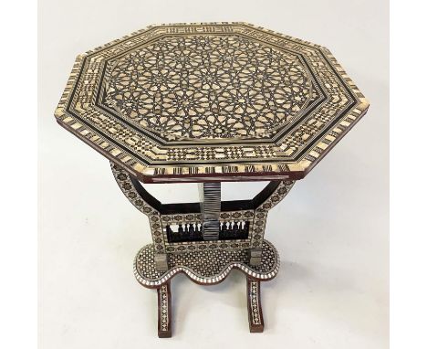 SYRIAN LAMP TABLE, octagonal Damascus ware, mother of pearl inlaid with folding top, 50cm W x 66cm H. 