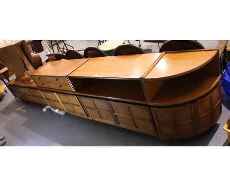 Nathan vintage teak living room suite of sectional furniture with cupboards and open shelves, five pieces in total. Not avail