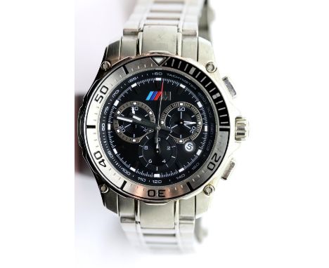 BMW M Sport gents steel cased wristwatch, quartz movement with date aperture and three subsidiary dials, on a steel deploymen