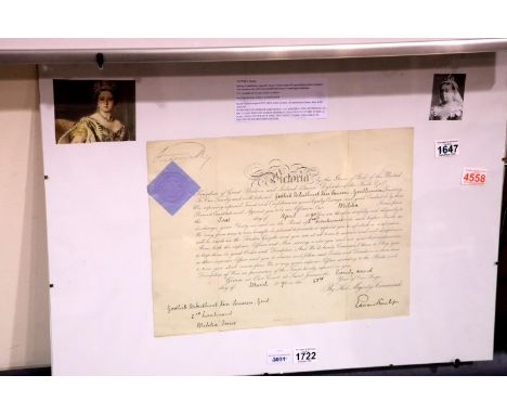 A military commission signed by Queen Victoria upper-left, appointing Godlieb Arbuthnot Van Someren to 2nd Lieutenant Militia