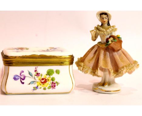 Continental ceramic trinket box and a Dresden lady. P&amp;P Group 2 (£18+VAT for the first lot and £3+VAT for subsequent lots