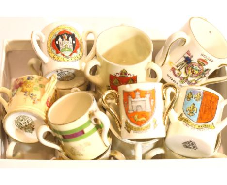 Royal Worcester painted blush ivory miniature tyg with hairline crack and thirteen further crested miniature tygs including o
