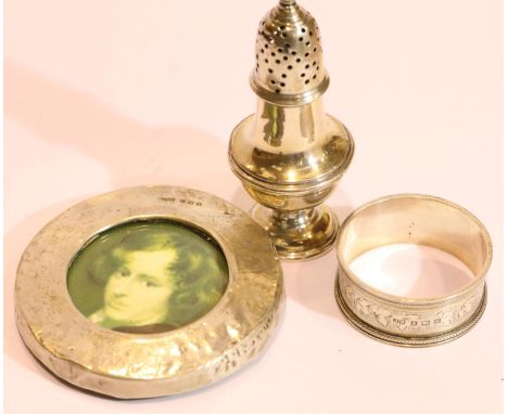 Hallmarked silver napkin ring, photo frame and pepperette. P&amp;P Group 1 (£14+VAT for the first lot and £1+VAT for subseque