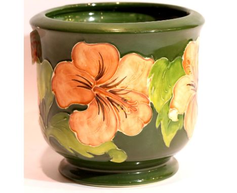 Moorcroft green ground Hibiscus planter. P&amp;P Group 2 (£18+VAT for the first lot and £3+VAT for subsequent lots) 