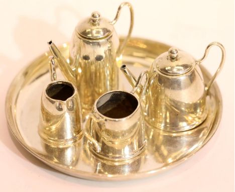 Hallmarked silver miniature five piece tea service comprising tea and hot water pots, sugar bowl and milk jug with circular t