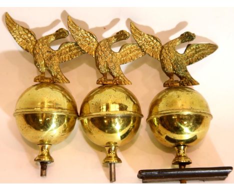 Three brass longcase clock finials. P&amp;P Group 2 (£18+VAT for the first lot and £3+VAT for subsequent lots) 