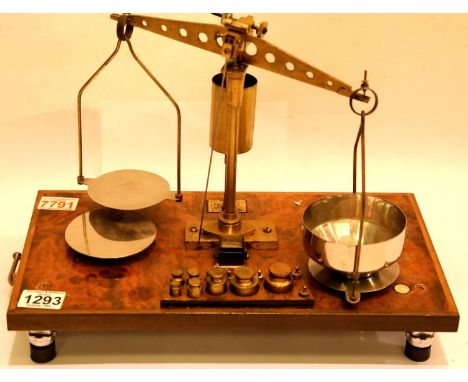 Early 20th century brass set of apothecary scales on a walnut base, steel plates and graduated weights. Not available for in-