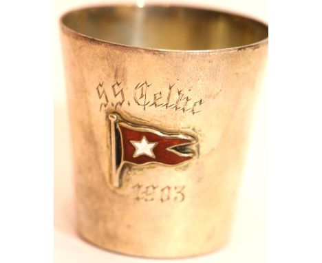 Edwardian hallmarked silver shot cup with an applied enamelled White Star Line flag and engraved to SS Celtic 1903, Birmingha