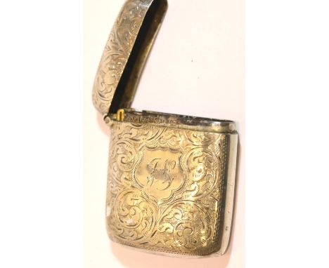 Victorian hallmarked silver vesta case, curved with engraved decoration to the body, Birmingham assay 1898, 32g. P&amp;P Grou