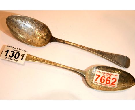George III hallmarked silver pair of serving spoons, the bowls engraved with squirrels with further decoration to handles, Lo