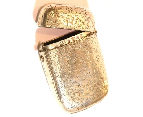 Victorian George Unite hallmarked silver vesta case with push-button clasp, engraved body and armourial, Birmingham assay 189