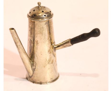 Victorian hallmarked silver pepperette in the form of a miniature chocolate pot with turned handle, Chester assay 1900, 20g. 