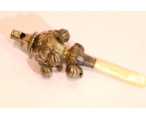 George Unite 19th century silver rattle, repousse formed, complete with ten bells and incorporated whistle and mother of pear