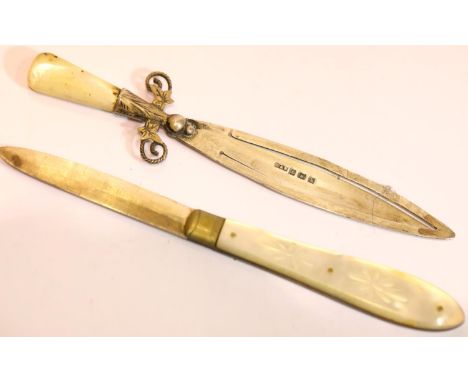 Victorian hallmarked silver fruit knife and an Edwardian hallmarked silver bookmark, each with mother-of-pearl handles. P&amp