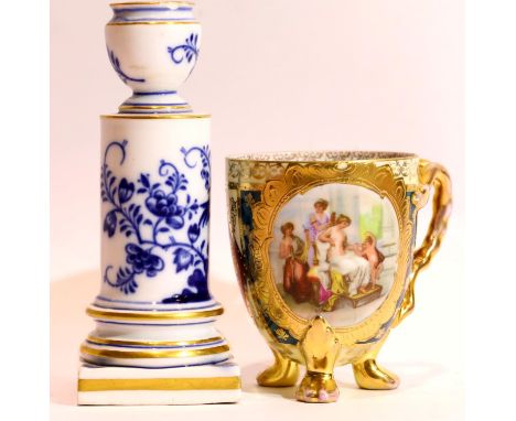 Vienna porcelain decorated gilt cup and a single Meissen candlestick. P&amp;P Group 2 (£18+VAT for the first lot and £3+VAT f