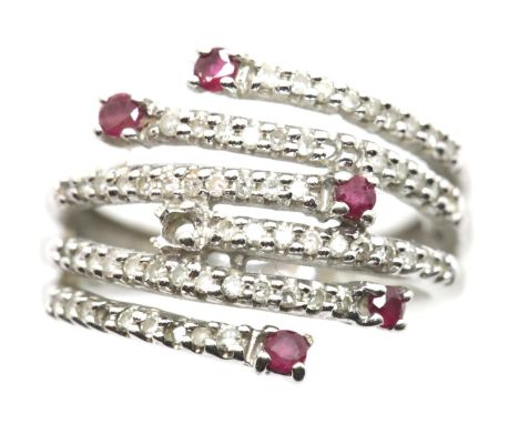 9ct white gold, diamond and ruby set ring, size K, 3.4g. P&P Group 1 (£14+VAT for the first lot and £1+VAT for subsequent lot