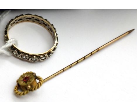 9ct gold, ruby set tie pin and an unmarked white metal set with stones, testing as diamonds. Size J. 2.5g P&amp;P Group 1 (£1