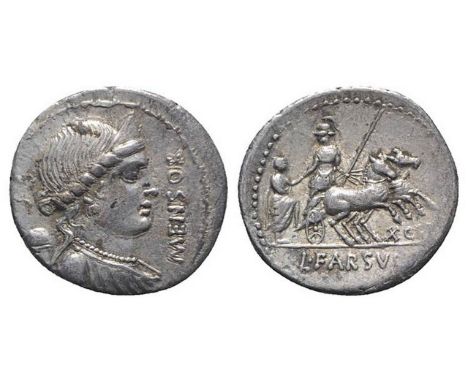 L. Farsuleius Mensor, Rome, 76 BC. AR Denarius (20mm, 3.85g, 6h). Diademed and draped bust of Libertas r.; pileus to l. R/ Ro