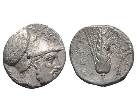 Southern Lucania, Metapontion, c. 340-330 BC. AR Stater (19mm, 7.38g, 1h). Ami-, magistrate. Helmeted head of Leukippos r.; [
