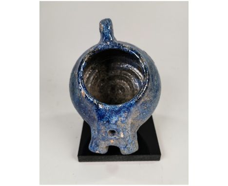 Ca.1000 AD Medieval Islamic terracotta glazed clay molded oil lamp with geometric design relief and bright blue glaze charact
