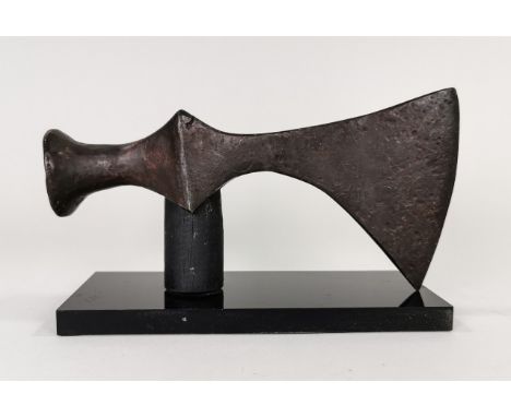 Ca. 900 AD, Superb Viking iron battle hammer and ax head; expertly cleaned and conserved, mounted on a custom made stand; 170