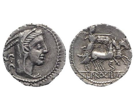 L. Procilius, Rome, 80 BC. AR Serrate Denarius (19mm, 3.61g, 6h). Head of Juno Sospita r., wearing goat-skin headdress. R/ Ju