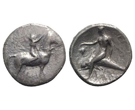Southern Apulia, Tarentum, c. 302-280 BC. AR Nomos (20mm, 7.07g, 12h). Youth on horseback r., crowning horse with wreath; ?A 