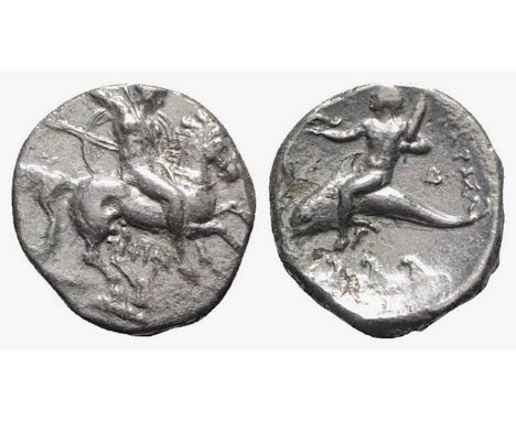 Southern Apulia, Tarentum, c. 290-281 BC. AR Nomos (20mm, 7.56g, 2h). Warrior, holding shield and two spears, preparing to ca