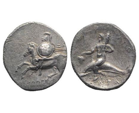 Southern Apulia, Tarentum, c. 280-272 BC. AR Nomos (20mm, 6.25g, 7h). Horseman l., holding shield and two spears. R/ Phalanth