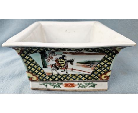 19th century Oriental square planter, ther exterior decorated with various scenes in the Famille Rose/Verte palette. Approx. 