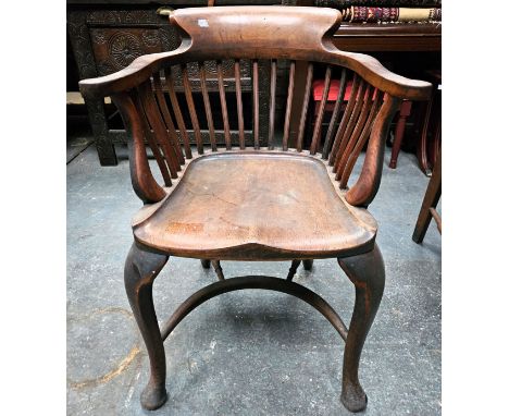Vintage wooden Captains armchair on stretchered supports. Approx. 82cms H
reasonable used with scuffs and scratches etc