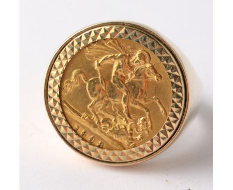 A 9ct gold ring set with an 1898 gold half sovereign, 10g