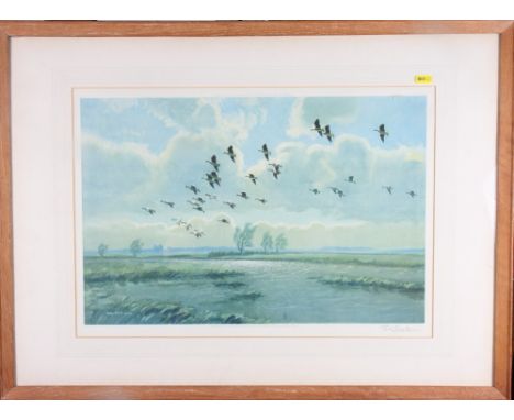 Peter Scott: a signed colour print, geese, in oak strip frame
