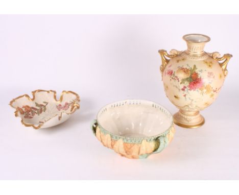 A Royal Worcester bulbous china two-handled vase, a Worcester leaf moulded salad bowl and a floral decorated bowl (some damag