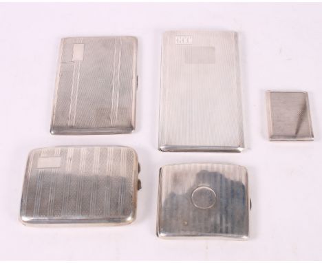 Four engine turned cigarette cases, various, and a similar match book case, 21.8oz troy approx