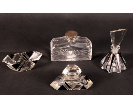 An Art Deco scent bottle, a similar trinket box (chipped) and a rectangular glass toilet bottle