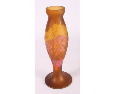 A Galle table lamp base with acid etched decoration of a landscape with trees, brown shading to purple, 11" high (small chips