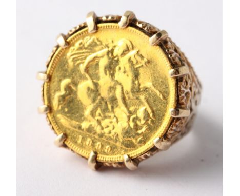 A 9ct gold ring set with an 1899 gold half sovereign, 9.3g