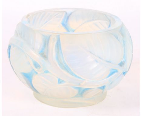 A Lalique bulbous blue glass vase, base moulded leaves and etched "R LALIQUE FRANCE" (chips to edge, drilled for electric lig