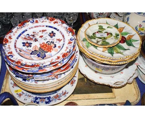 A number of Amherst "Japan" pattern dishes, a number of Minton stoneware Imari decorated dishes, a pair of Dresden floral dec