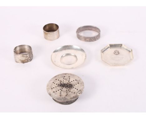 Two silver dishes, two silver napkin rings, a silver bangle and a silver strainer, 8.8oz troy approx