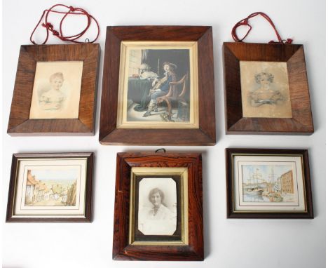 A pair of 19th Century miniature coloured portrait prints of children, in rosewood veneered frames, another coloured print of