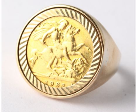A 9ct gold ring set with a 1982 gold half sovereign, 8.1g