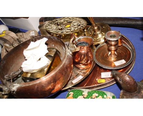 A 19th Century square base candlestick, a copper candlestick, a copper planter, a copper coal hod, a brass tray, a bronze bow